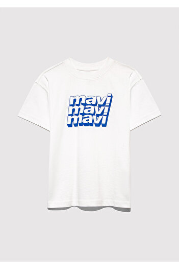 Mavi Logo Printed Ecru T-Shirt Loose Fit / Loose Relaxed Cut 6610284 -70057