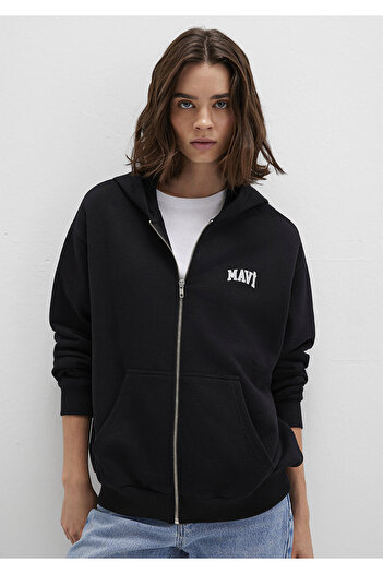 Mavi Logo Printed Hooded Zippered Black Sweatshirt 1S10178-900