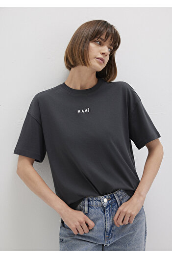 Mavi Logo Printed Anthracite T-Shirt Loose Fit / Loose Relaxed Fit 1612518 -70087