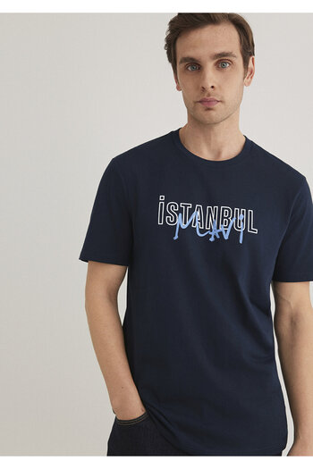 Mavi Marineblaues T-Shirt mit Istanbul-Aufdruck, reguläre Passform 067114 -34319