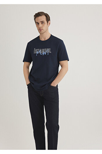 Mavi Marineblaues T-Shirt mit Istanbul-Aufdruck, reguläre Passform 067114 -34319