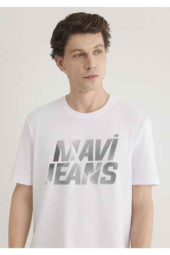 Mavi Weißes T-Shirt mit Jeans-Aufdruck, reguläre Passform / normaler Schnitt 0610260-620