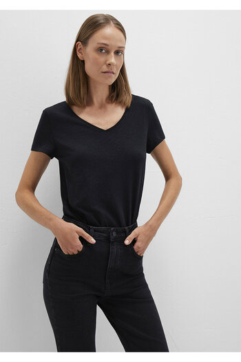 Mavi Černé tričko Slim Fit Flared s výstřihem do V -168260-900
