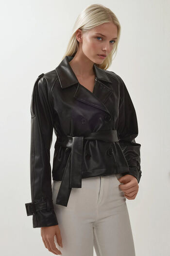 Hiccup Bdart Belted Two Button Faux Leather Jacket