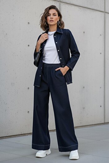 Olcay Belt Snap Detailed Jacket Trousers Denim Suit Dark Blue 9344-Tk