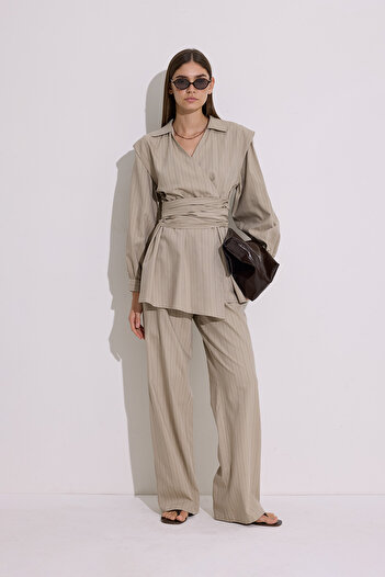 Manuka Striped Waist Elastic Trousers Beige