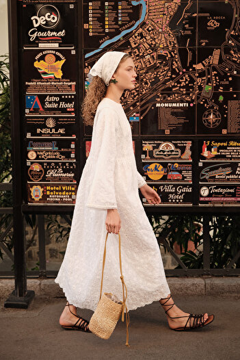 Manuka Embroidered Wide Sleeve Dress Ecru
