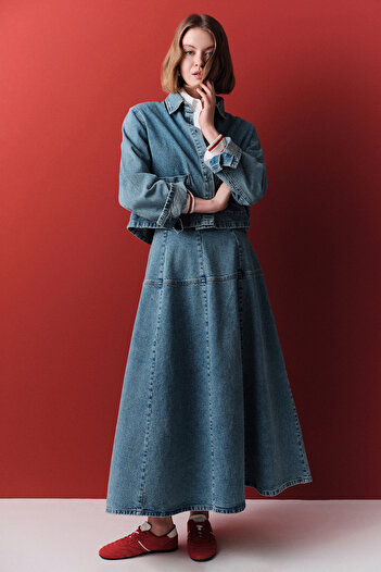 Manuka Wide Gather Denim Skirt Blue