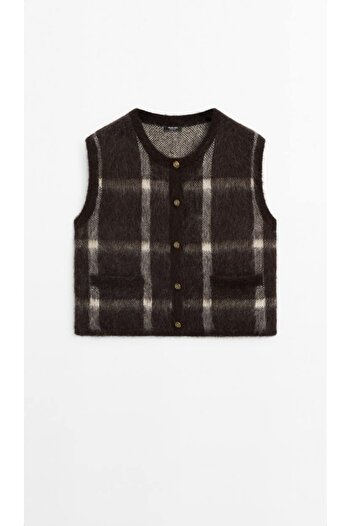 Ladies&Gentlemen Square Patterned Buttoned Wool Look Women's Vest – Brown