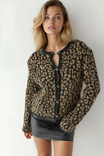 Hiccup Relaxed Fit Leopard Patterned Knitwear Cardigan