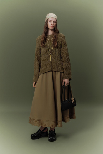 Manuka Wide Skirt with Embroidery Detail Green