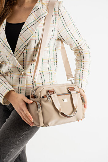 Sanmorris Women's Multi-Compartment Adjustable Crossbody Strap Sand Satin Hand and Shoulder Bag