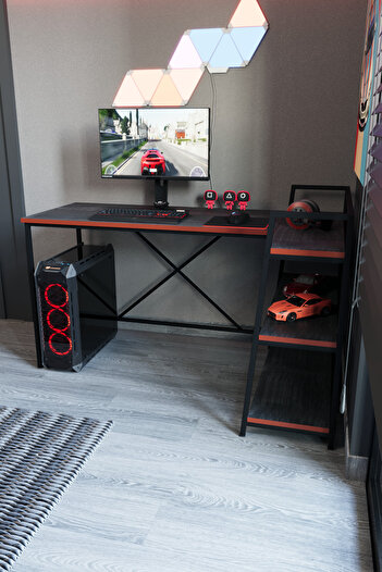 Flinder Siyah Raflı Çift Yöne Uygun Oyuncu Masası, Bilgisayar Masası, Gamer Masası, Gaming Masa, L Masa
