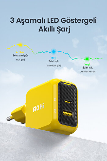 Aohi Magcube 2 Portlu Şarj Adaptörü, GaN+ 67W Hızlı Şarj Cihazı, Sarı