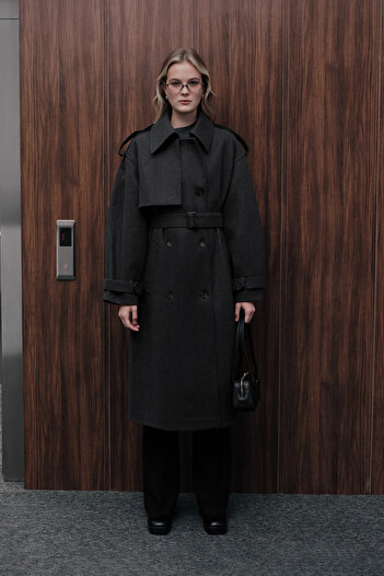 Manuka Anthracite Stamp Coat - Epaulette Detailed