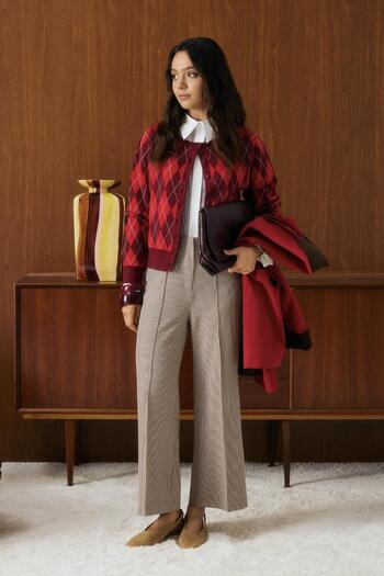 KADRİYE BAŞTÜRK High Waist Fit Cut Plaid Patterned Trousers Red