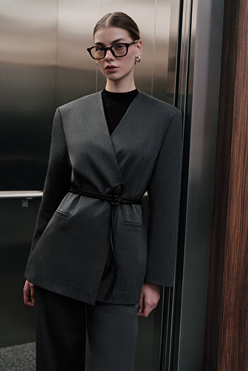 Manuka Anthracite Belted Classic Blazer Jacket