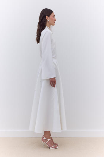 Manuka Ecru Color Pearl Detailed Flared Evening Dress Skirt