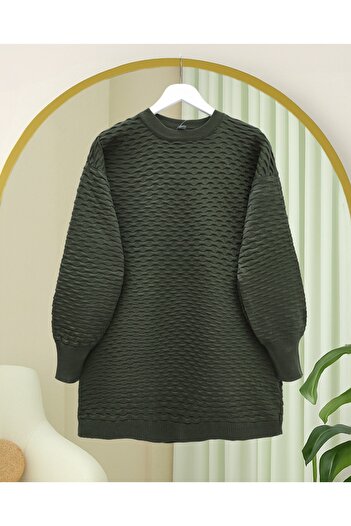Modamorfo Round Neck Embossed Pattern Sleeve Elastic Knit Tunic - Khaki