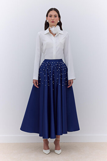Manuka Maşallah Evening Dress - Pearled Flared Skirt, Midnight Blue