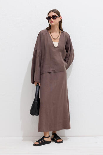 Manuka Premium V-Neck Linen Blouse Dusty Brown