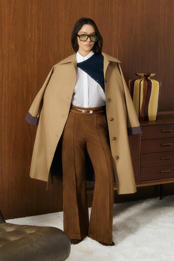 KADRİYE BAŞTÜRK Fit Cut Ribbed Stitched Suede Trousers Tan