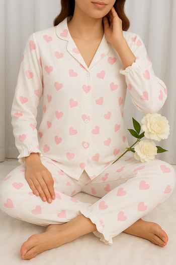 ELİTOL Heart Patterned Wrinkled Knitted Long Sleeve Women's Buttoned Pajama Set