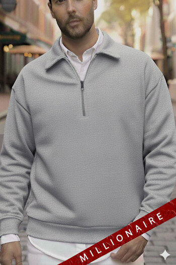 Millionaire Ανδρικό φούτερ σε γκρι Fleece Oversize - Μισό φερμουάρ, 3 κλωστές