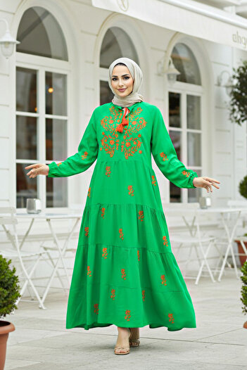Neva Style Floral Detailed Green Hijab Dress 40110Y