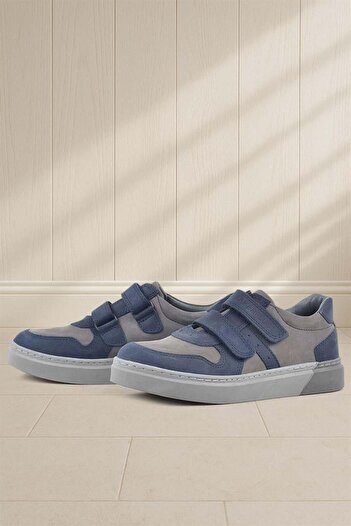 Rakerplus Genuine Leather Navy Blue Gray Velcro Boys' Sneakers