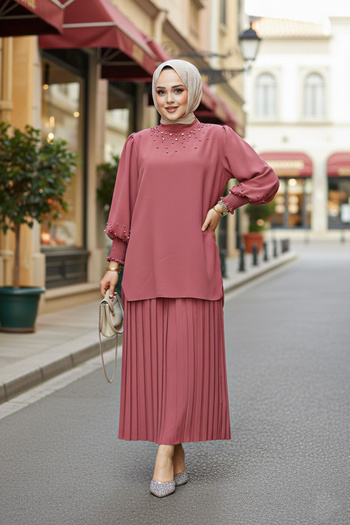 Neva Style Pearl Embroidered Dusty Rose Hijab Skirt Suit Double 10991Gk