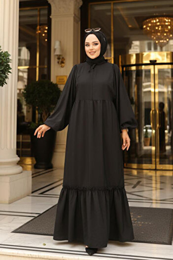 Neva Style Balloon Sleeve Black Hijab Poplin Dress 57341S