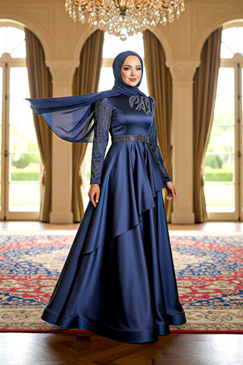 Neva Style Βραδινό φόρεμα με κεντημένο με χάντρες Navy Blue Satin Hijab 22671l