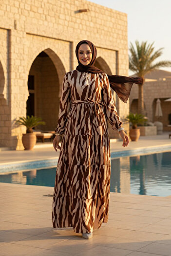 Neva Style Φόρεμα Hijab με καφέ σχέδιο - 23141KH