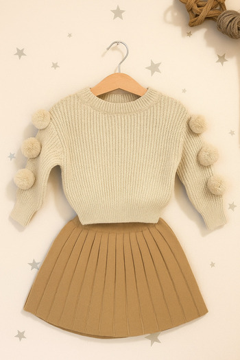 Nimini Kids New Season Flexible Crew Neck Pompom Sweater and Knitwear Pleated Detailed Skirt Top and Bottom Set (2-8 Years Old)