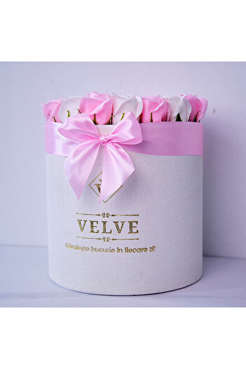 velve Radiance floral arrangement, in a round white box, with 25 soap roses, White/Pink