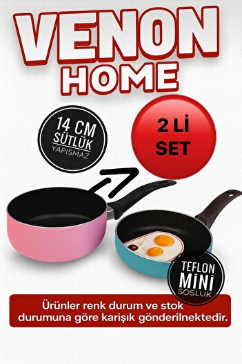 VENON 2.li Set 14 Cm ve 12 Cm Teflon Mini Sos Tavası Yağ Eritme Tavası Sosluk Mama Hazırlama Sütlük