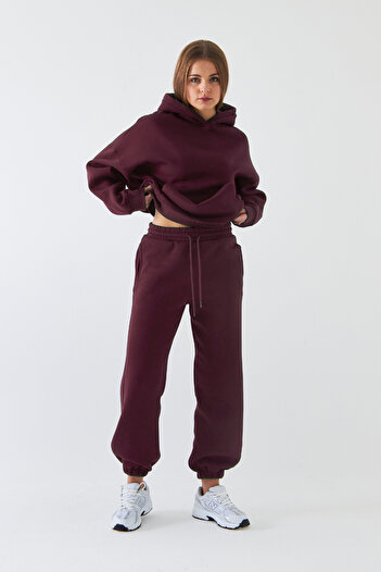 The Champ Clothing Σετ φόρμας Unisex Oversize Claret Red – Basic, 3-κλωνο ριγέ φλις; Φούτερ με κουκούλα, ελαστικό κάτω μέρος