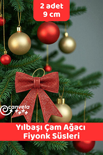 CANVELA 2 Pieces 9 cm Christmas Pine Tree Bow Ornaments Gift Wrapping and Door Decoration Ornament