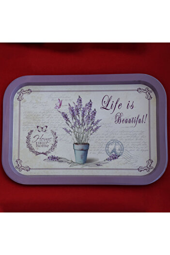 PUFO Life is Beautiful metal tray plate for serving dessert, cakes, appetizers, 34 x 23 cm