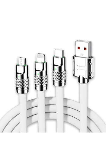 Timebox Cablu de date și încărcare rapidă, 3 în 1, 120W, QC 3.0, USB, USB-C, Lightning, 1,2m, alb