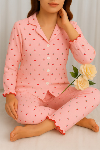 ELİTOL Cherry Patterned Wrinkled Knitted Long Sleeve Women's Buttoned Pajama Set