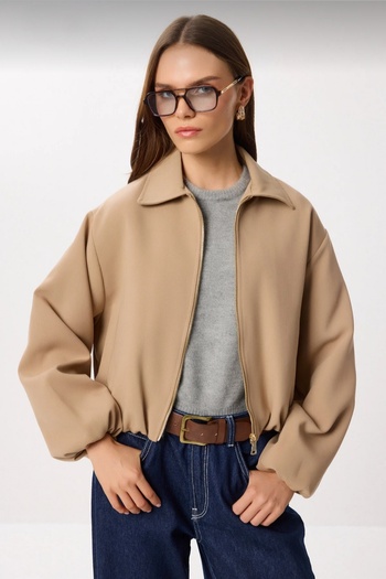 Safgiyim44 Camel Lined Zippered Bomber Jacket with Elastic Waist