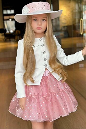 Riccotarz Girl's Jewelled Button Detailed Blazer Jacket and Polka Dot Layer Tulle Pink Skirt Set