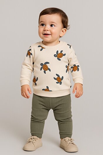 dinamik çocuk Baby 2-Piece Set Unisex |   Caretta Turtle Patterned Ribbed Sweatshirt + Bottom / 3-6-9-12 Months
