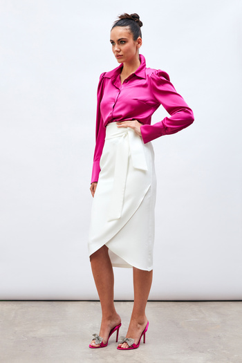 Sateen Belted Pencil Skirt - Ecru