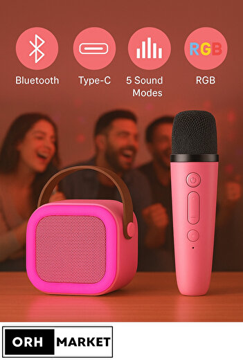 ORH Market Kablosuz Karaoke Bluetooth Hoparlör Tek Mikrofonlu RGB Işıklı, Taşınabilir, USB/SD Parti Hoparlörü