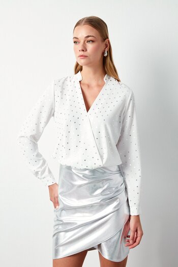 Sateen Shiny Polka Dot Patterned Blouse - Ecru