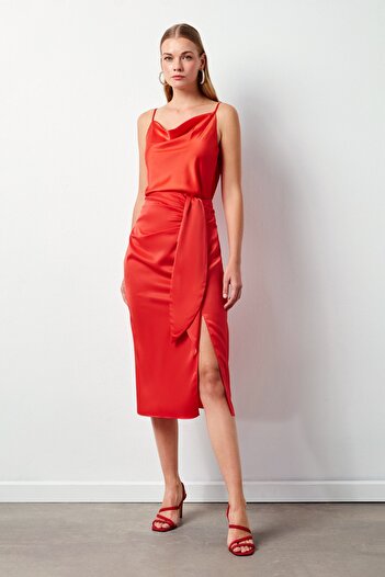 Sateen Coral Laced Satin Skirt