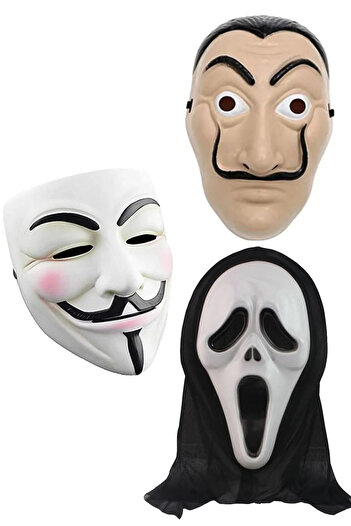 Parti dolabı 3-Piece Mixed Mask Set Halloween Vandetta Mask- Salvador Dali La Casa De Papel- Scream Mask